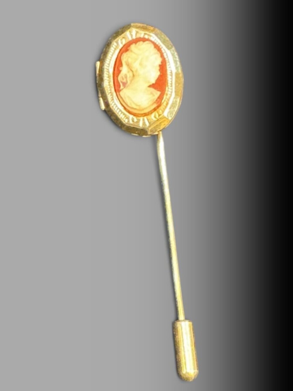 Vintage Cameo Locket Stick Pin Gold Tone Portrait Lady Lapel Hat Pin 2.5”